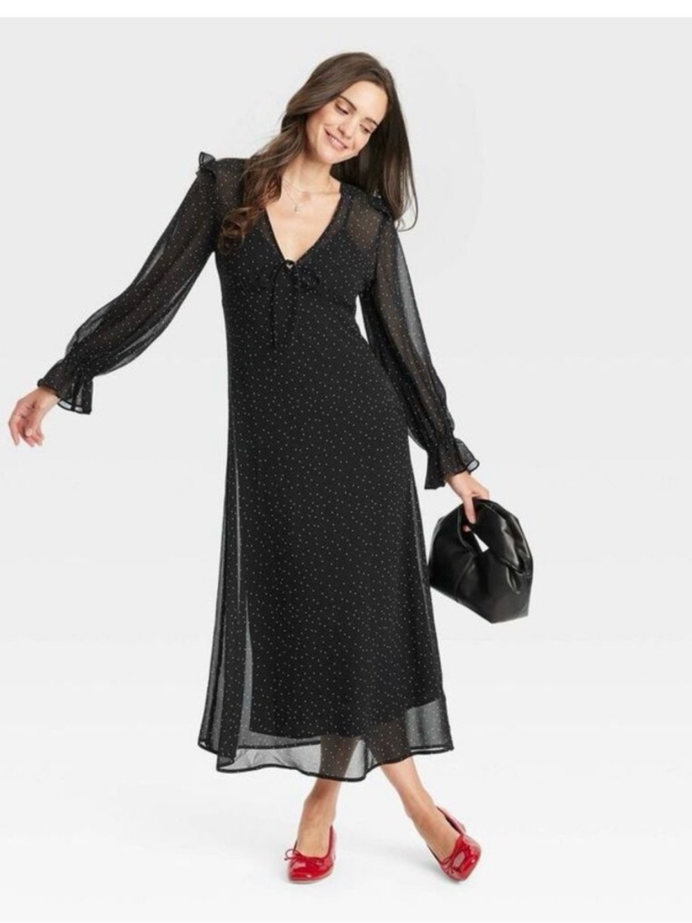 a new day Black Polka Dot Long Sleeve Midi Dress